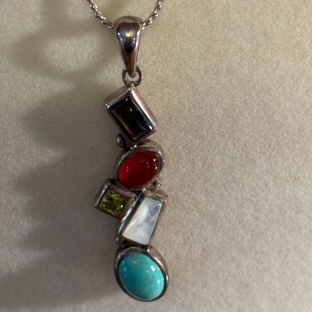 925 LT Thailand Sterling Silver 5 bezel Gemstone Stone Pendant Necklace